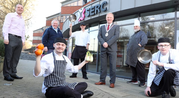 People stood outside SERC Bangor campus. From L-R SERC’s Paul Mercer, Deputy Head of School Hospitality and Catering  Ken Scott, Bangor Foodbank & Community Support,  students Jack Rossbotham (Bangor) and Sam McGorman (Newtownards), Mayor of Ards and North Down, Councillor Trevor Cummings, Brian Magill, Lecturer and student Cameron Barclay (Donaghadee)